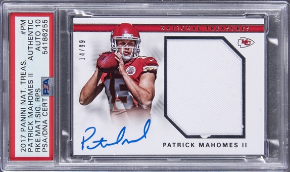 2017 Panini National Treasures "Rookie Material Signatures RPS" #PM Patrick Mahomes Signed Patch Rookie Card (#14/99) - PSA Authentic, PSA/DNA 10